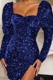 Blue Sexy Solid Sequins Patchwork Frenulum Backless Square Collar Dresses