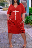 Vestido de manga corta con cuello en V básico estampado casual rojo
