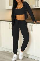Noir Casual Sportswear Solid Cardigan Gilets Pantalons Ensemble de trois pièces à manches longues