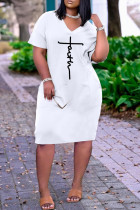 Weißes, modisches, lässiges, bedrucktes Basic-Kleid mit V-Ausschnitt und kurzen Ärmeln