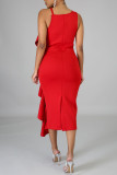 Red Sexy Solid Patchwork Flounce Slit V Neck Irregular Dress Dresses