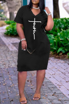 Schwarzes, modisches, lässiges, bedrucktes Basic-Kleid mit V-Ausschnitt und kurzen Ärmeln