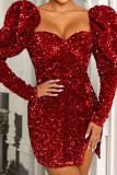 Rode sexy effen pailletten patchwork frenulum rugloze jurken met vierkante kraag