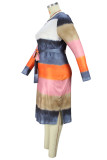 グレーピンクのファッションカジュアルプリントスリット、ベルトOネック長袖プラスサイズのドレス