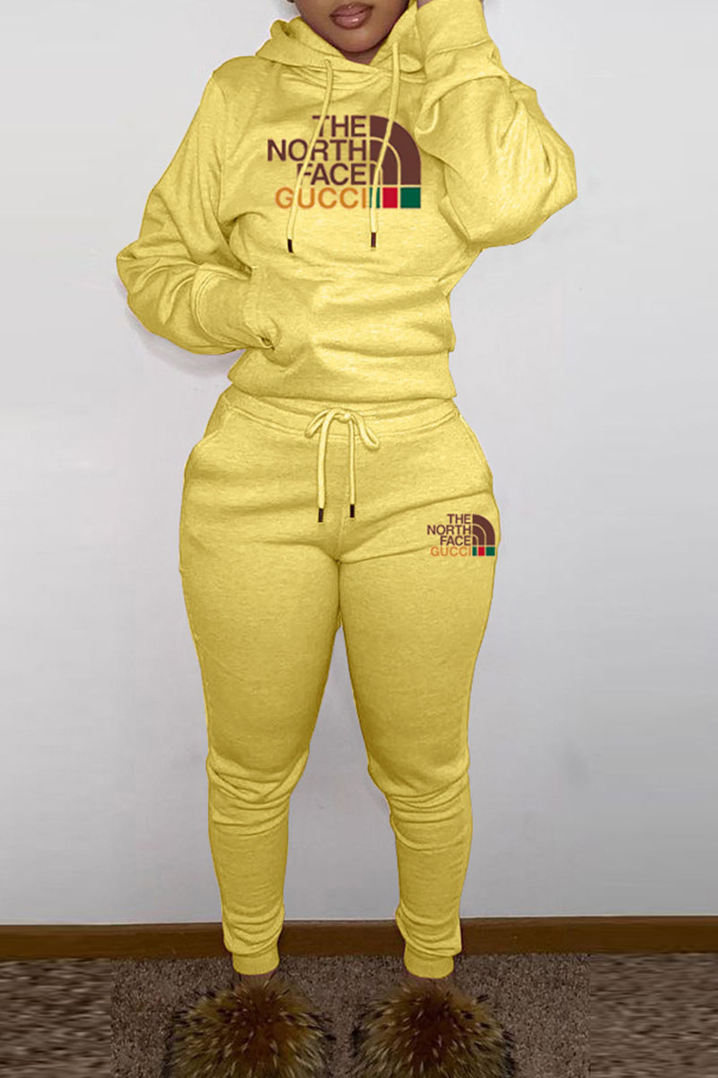 

Yellow Fashion Sportswear Print Letter Hooded Collar Long Sleeve Two Pieces