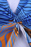 Estampado sexy azul Ahuecado Patchwork Cuello en V asimétrico Manga larga Dos piezas