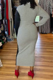 Grey Fashion Casual Solid Patchwork V Neck Long Sleeve Dresses