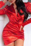 Red Sexy Solid Patchwork Fold Asymmetrical Irregular Dress Dresses