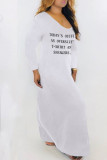 ホワイト カジュアル プリント パッチワーク V ネック ロング スリーブ ドレス