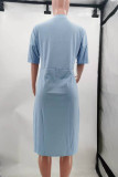 Light Blue Fashion Casual Print Basic V Neck Short Sleeve Dress