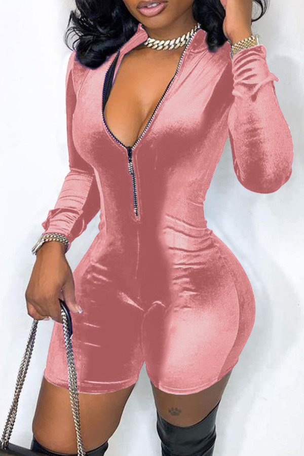 Pagliaccetto skinny con colletto con cerniera patchwork solido casual rosa moda