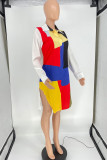 Многоцветное модное повседневное платье-рубашка в стиле пэчворк с отложным воротником и длинными рукавами
