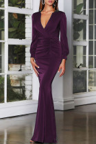 Фиолетовое модное сексуальное однотонное базовое вечернее платье с V-образным вырезом и длинным рукавом
