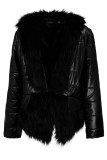 Schwarzer Mode-Patchwork-Faux-Pelz-Mantel mit langen Ärmeln