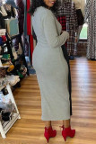 Grijze mode casual effen patchwork jurken met V-hals en lange mouwen