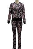 Colour Sexy Print Patchwork Zipper Collar Long Sleeve Two Pieces
