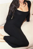 Brownness Fashion Casual Solid Basic U Neck Long Sleeve Dresses