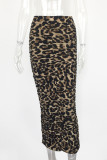 Luipaardprint, sexy print, patchwork, vouw, recht, hoge taille, potlood, volledige print, broek