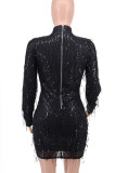Black Sexy Solid Sequins Patchwork O Neck One Step Skirt Dresses