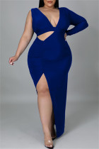 ブルー ファッション カジュアル ソリッド くり抜き スリット V ネック ロング スリーブ プラス サイズ ドレス