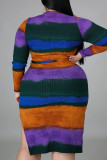 Purple Green Fashion Casual Print Slit With Belt O Neck Long Sleeve Plus Size Dresses
