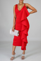 Rote sexy solide Patchwork-Volant-Schlitz-Kleider mit V-Ausschnitt und unregelmäßigem Kleid