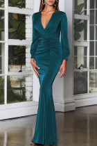 Grüne Mode Sexy Solid Basic V-Ausschnitt Langarm Abendkleid