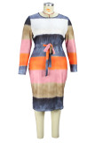 Color Fashion Casual Print Schlitz mit Gürtel O-Ausschnitt Langarm Kleider in Übergröße