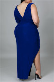 Синие модные повседневные однотонные платья с вырезом и V-образным вырезом с длинным рукавом плюс размер платья