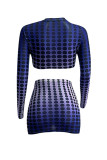 Blue Gradual Change Print Polka Dot Patchwork See-through O Neck Long Sleeve Two Pieces