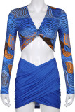 Blue Sexy Print Hollowed Out Patchwork Asymmetrical V Neck Long Sleeve Two Pieces