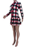 Red Casual Plaid Print Patchwork Buckle Flounce Turndown Collar A Line Dresses