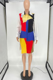 Многоцветное модное повседневное платье-рубашка в стиле пэчворк с отложным воротником и длинными рукавами