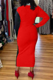 Red Fashion Casual Solid Patchwork V Neck Long Sleeve Dresses
