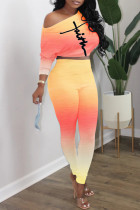 オレンジ イエロー ファッション カジュアル グラデーション プリント ベーシック 斜め襟 長袖 ツーピース