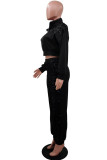 ブラック ファッション カジュアル パッチワーク スパンコール ジッパー カラー ロング スリーブ XNUMX ピース