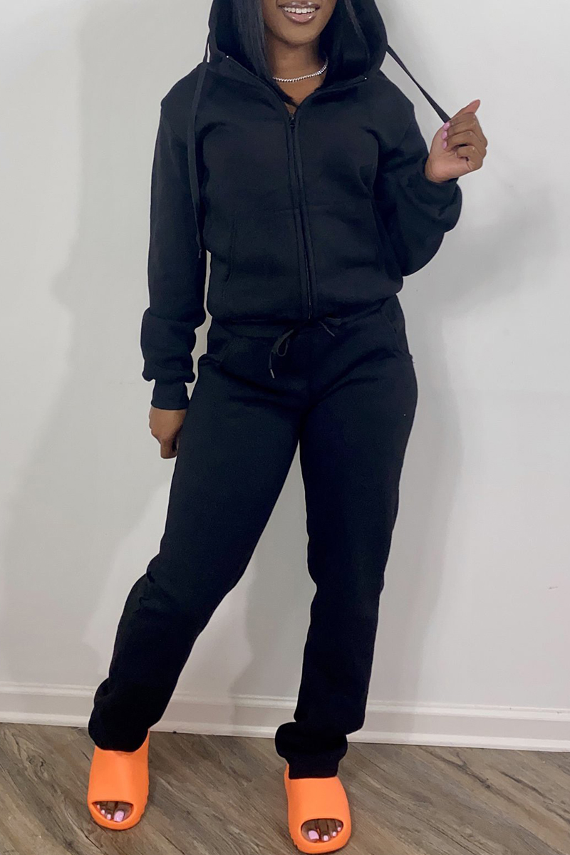 

Black Fashion Casual Solid Basic Hooded Collar Long Sleeve Two Pieces