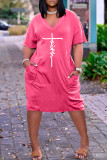 Vestido de manga curta rosa claro moda casual estampa básica decote em v