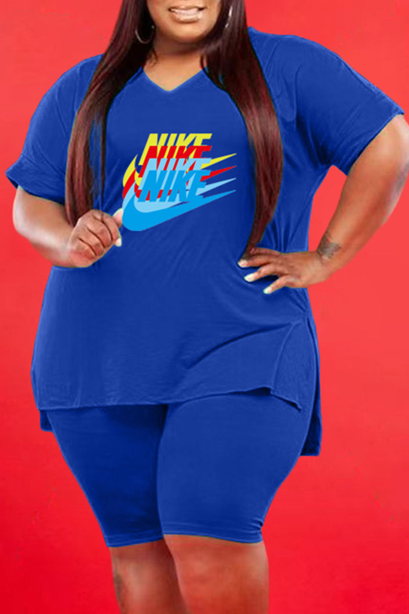 

Blue Fashion Sportswear Print Split Joint V Neck Plus Size Two Pieces