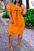 オレンジファッションカジュアルプリントベーシックVネック半袖ワンピース