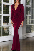 Burgund Fashion Sexy Solid Basic V-Ausschnitt Langarm Abendkleid