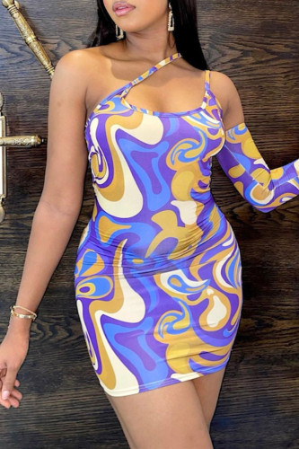 Purple Fashion Sexy Print Hollowed Out Backless One Shoulder Long Sleeve Dresses