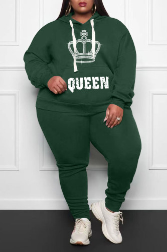 Army Green Casual Print Patchwork Hooded Collar Plus Size Two Pieces