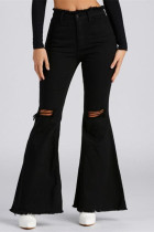 Black Fashion Casual Solid High Waist Boot Cut Flare Leg Ripped Denim Jeans