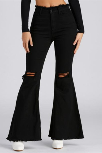 Jeans jeans preto fashion casual rasgado de cintura alta com corte de bota