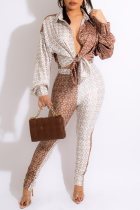 White Sexy Print Patchwork Turndown Collar Long Sleeve Two Pieces