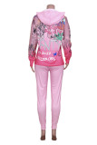 rosa moda casual estampado básico medio cuello alto manga larga dos piezas