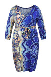Синий сексуальный принт с поясом V-образным вырезом Прямые платья больших размеров
