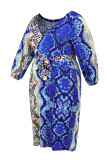 Blauwe sexy print met riem V-hals Rechte jurken met grote maten