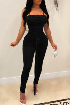 Black Fashion Sexy Solid Bandage Backless Spaghetti Band Skinny Jumpsuits